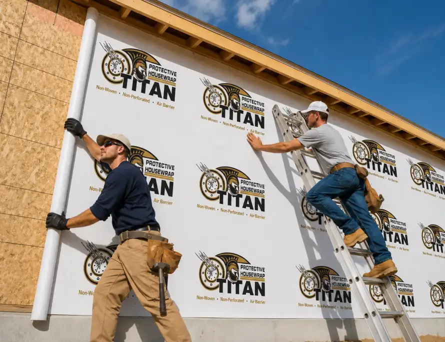 Workers installing Titan housewrap in sunlight